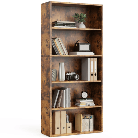 5-Tier Bookshelf with Adjustable Shelves – Rustic Brown Bookcase for Office & Home Storage