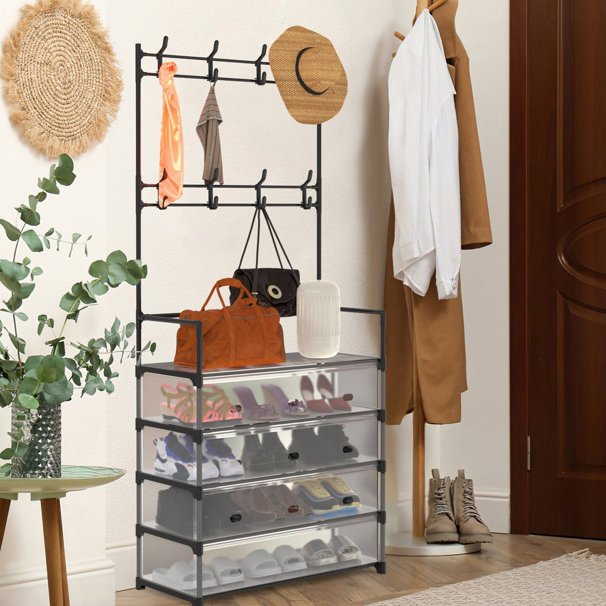 5-Tier Dustproof Entryway Hall Tree with 8 Removable Hooks - Black