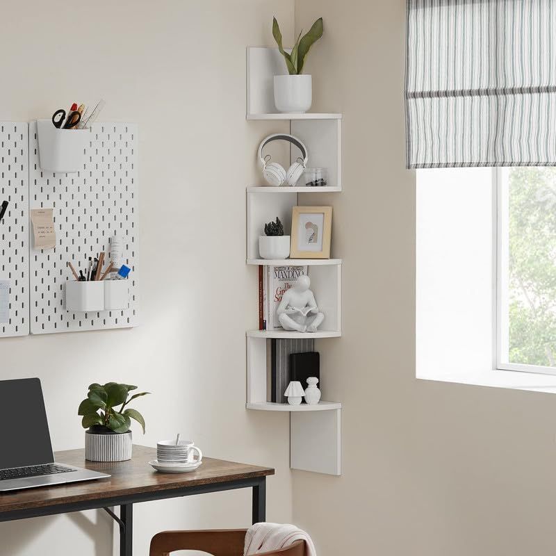 5-Tier Floating Corner Bookshelf – Cloud White