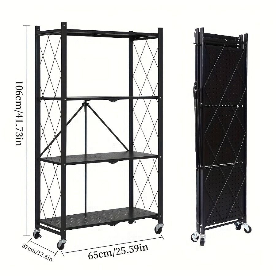 4-Tier Foldable Storage Rack with Wheels – Multi-Purpose Metal Organizer