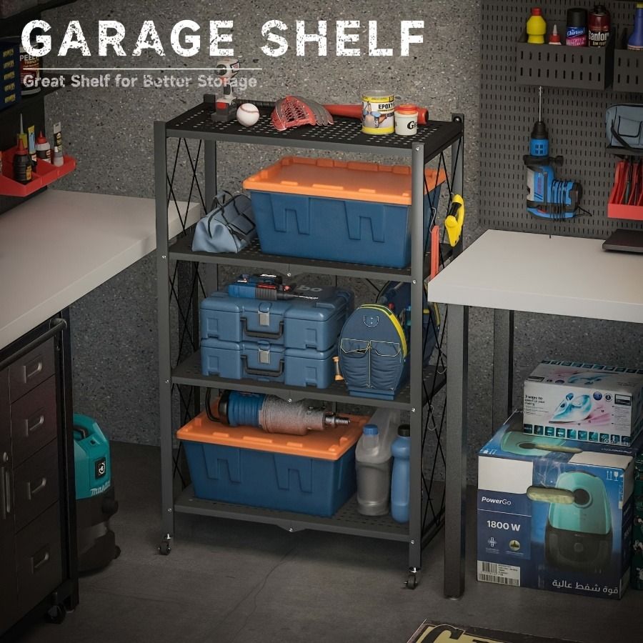 4-Tier Foldable Storage Rack with Wheels – Multi-Purpose Metal Organizer