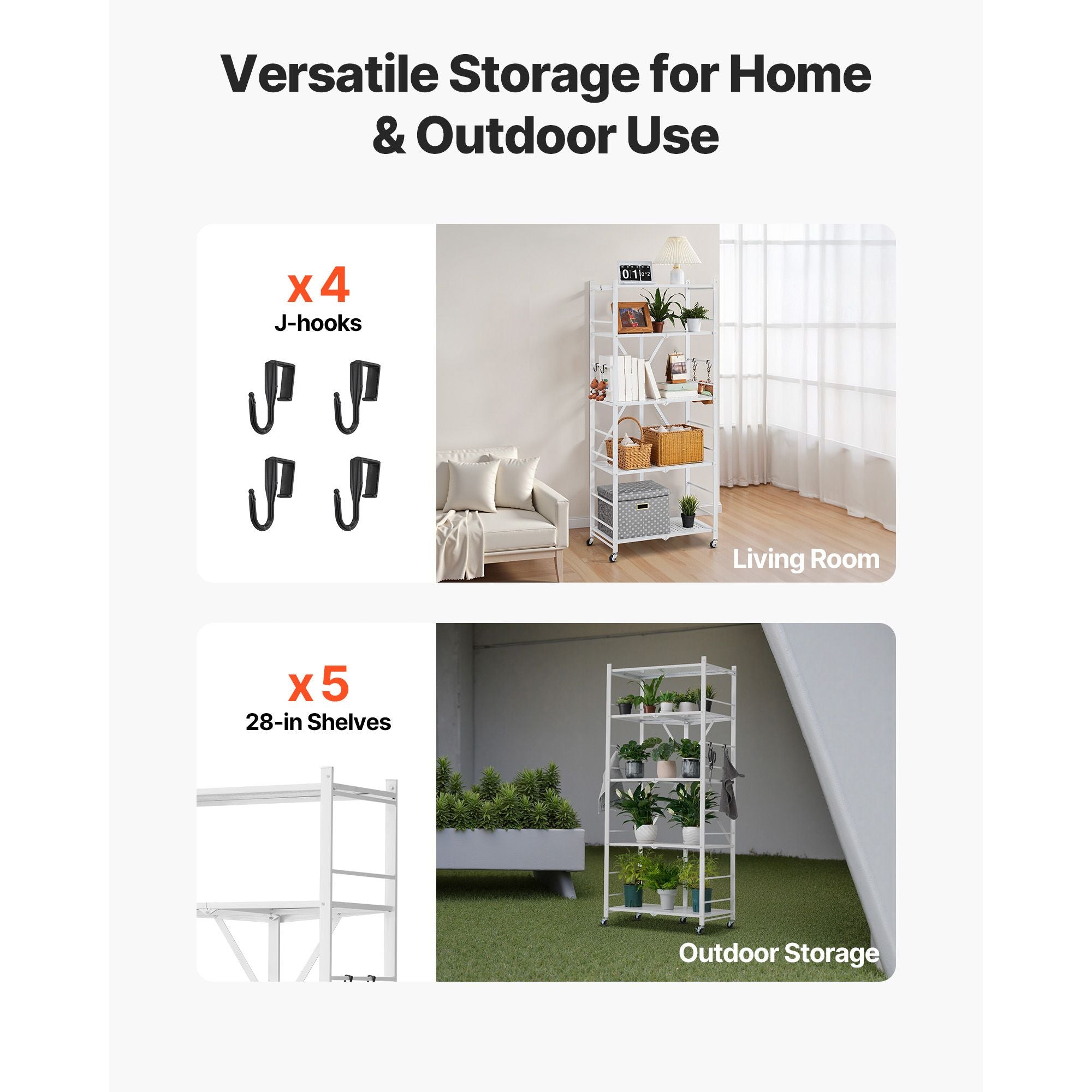 5-Tier Foldable Storage Shelf, 28 W x 15D x 64H Folding Metal Rack Shelving Unit, No Assembly O