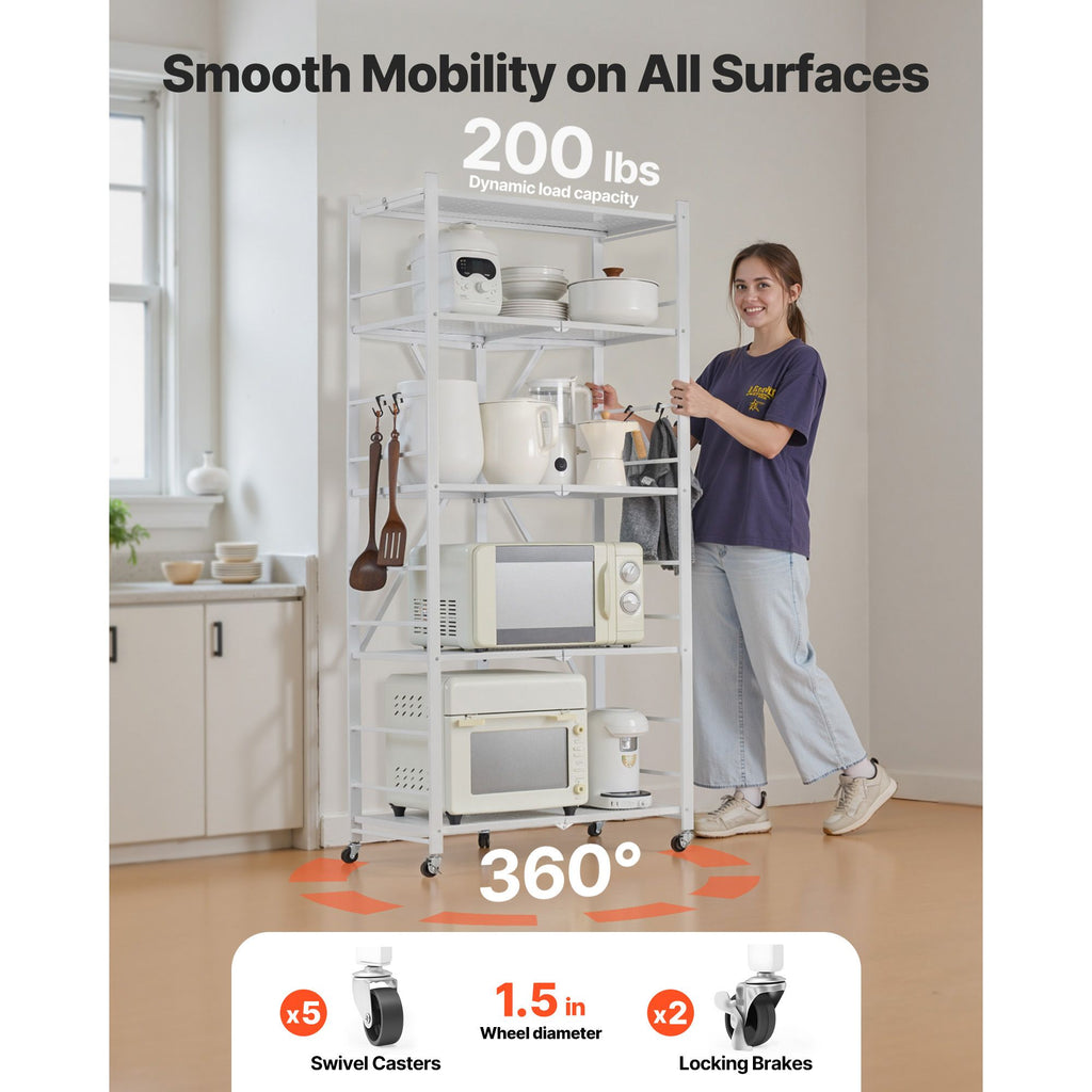 5-Tier Foldable Storage Shelf, 28 W x 15D x 64H Folding Metal Rack Shelving Unit, No Assembly O