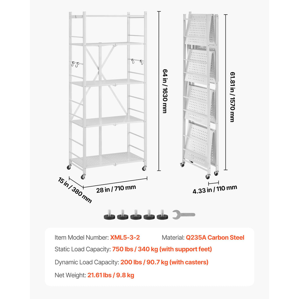 5-Tier Foldable Storage Shelf, 28 W x 15D x 64H Folding Metal Rack Shelving Unit, No Assembly O