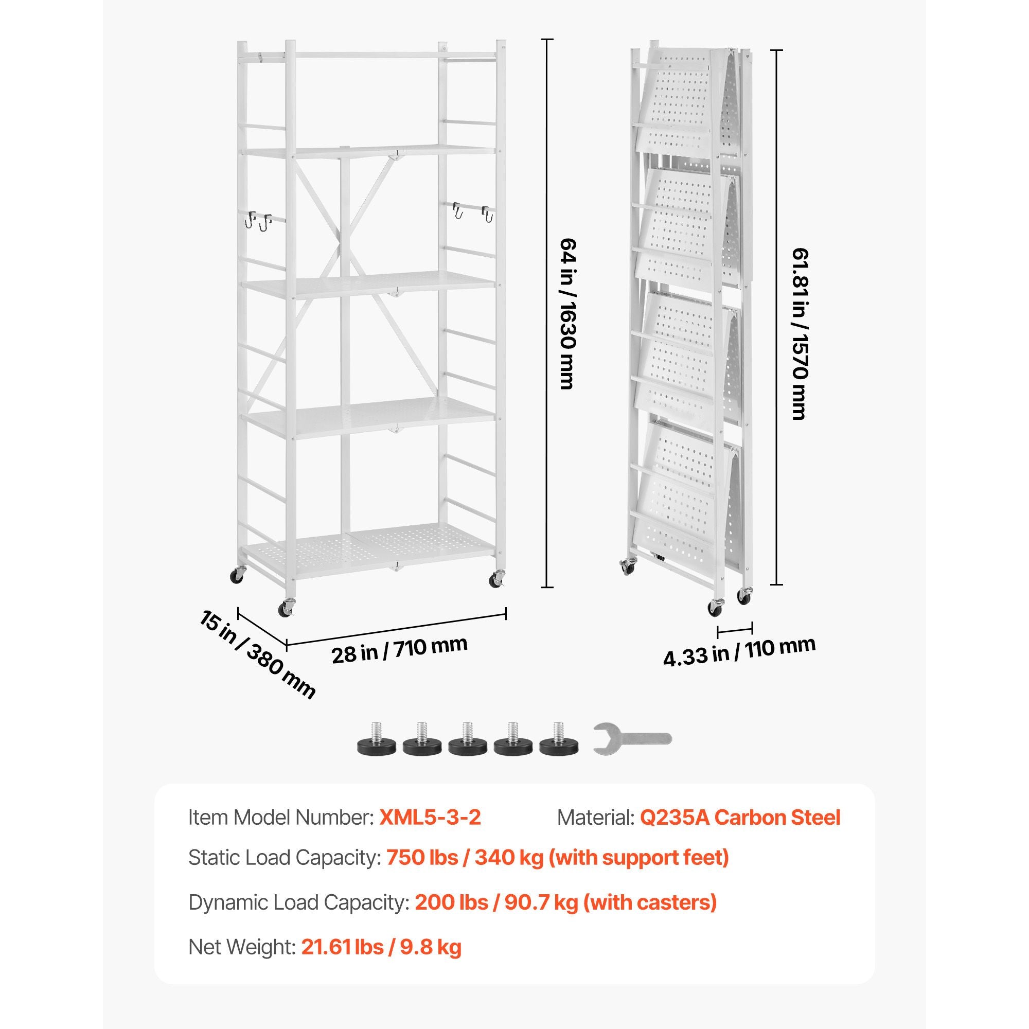 5-Tier Foldable Storage Shelf, 28 W x 15D x 64H Folding Metal Rack Shelving Unit, No Assembly O