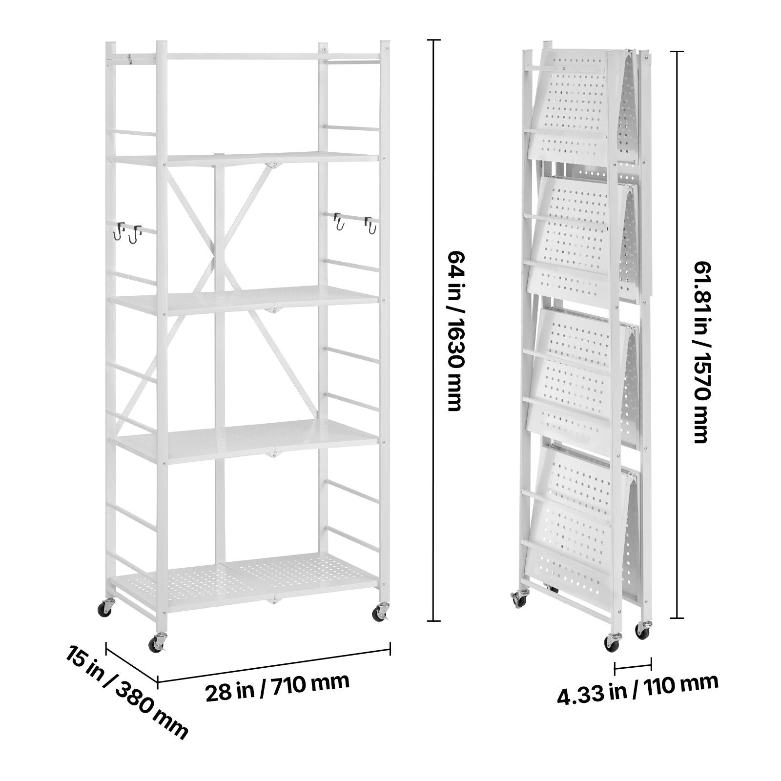 5-Tier Foldable Storage Shelf, 28 W x 15D x 64H Folding Metal Rack Shelving Unit, No Assembly O