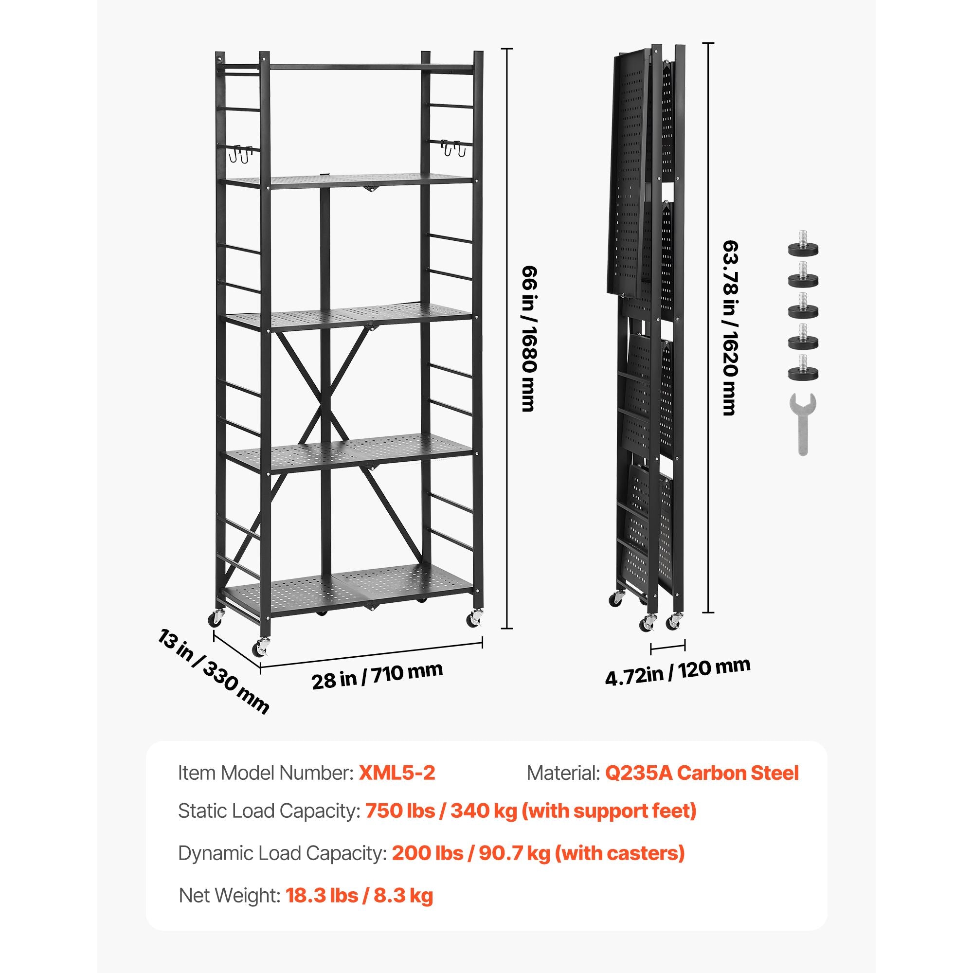 5-Tier Foldable Storage Shelf, 28W x 13D x 66H Folding Metal Rack Shelving Unit, No Assembly Or