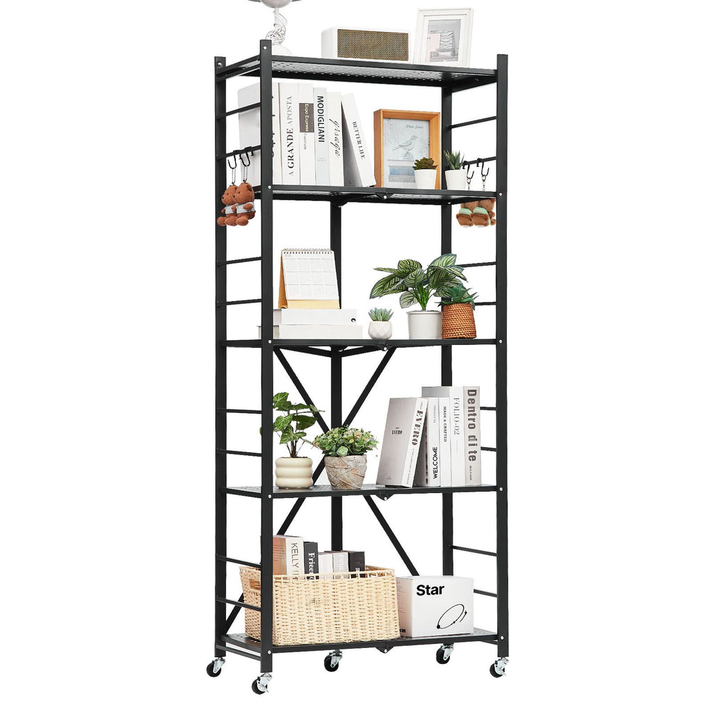 5-Tier Foldable Storage Shelf, 28W x 13D x 66H Folding Metal Rack Shelving Unit, No Assembly Or