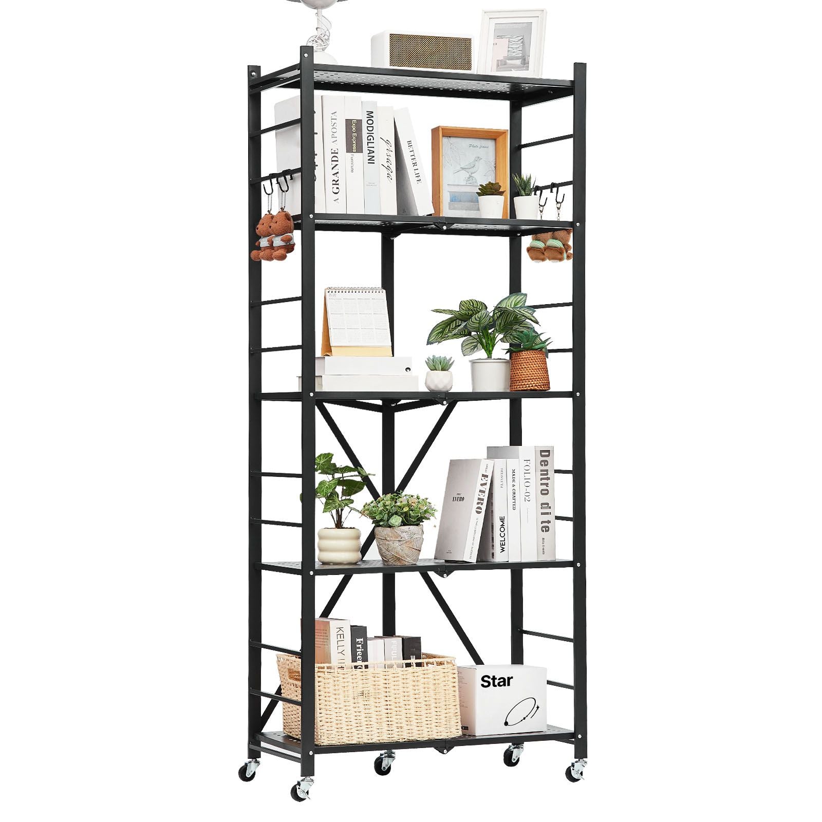 5-Tier Foldable Storage Shelf, 28W x 13D x 66H Folding Metal Rack Shelving Unit, No Assembly Or