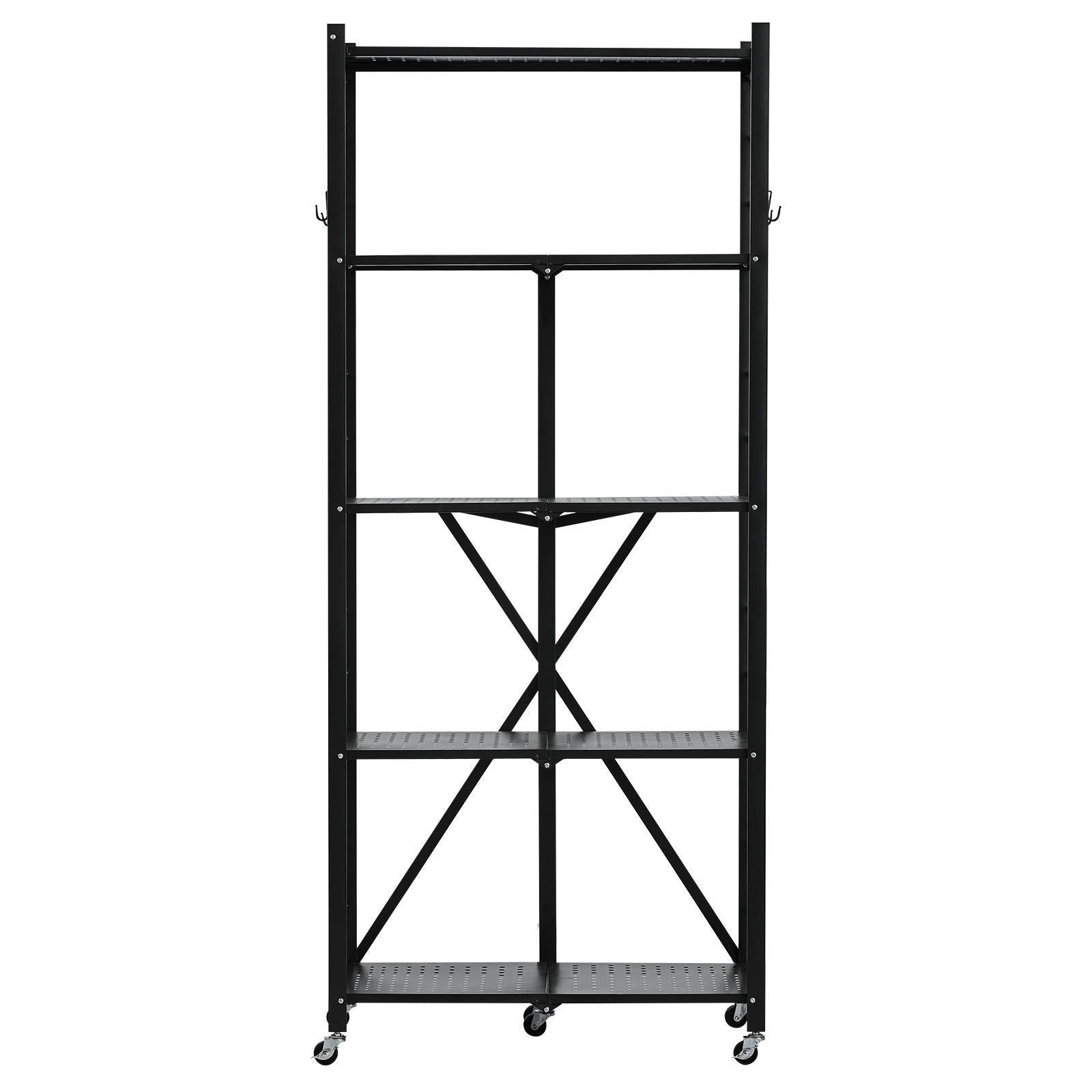 5-Tier Foldable Storage Shelf, 28W x 13D x 66H Folding Metal Rack Shelving Unit, No Assembly Or