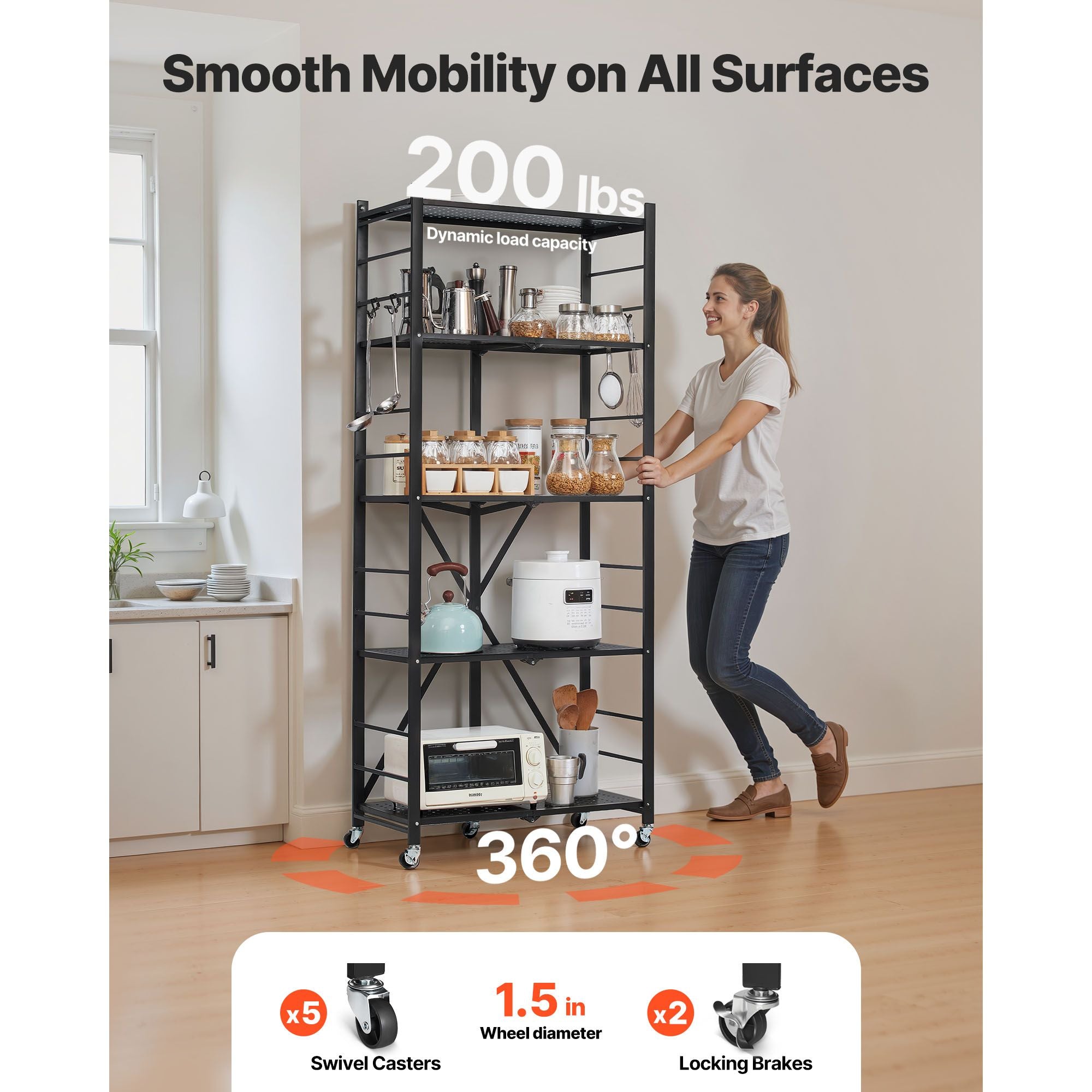5-Tier Foldable Storage Shelf, 28W x 13D x 66H Folding Metal Rack Shelving Unit, No Assembly Or