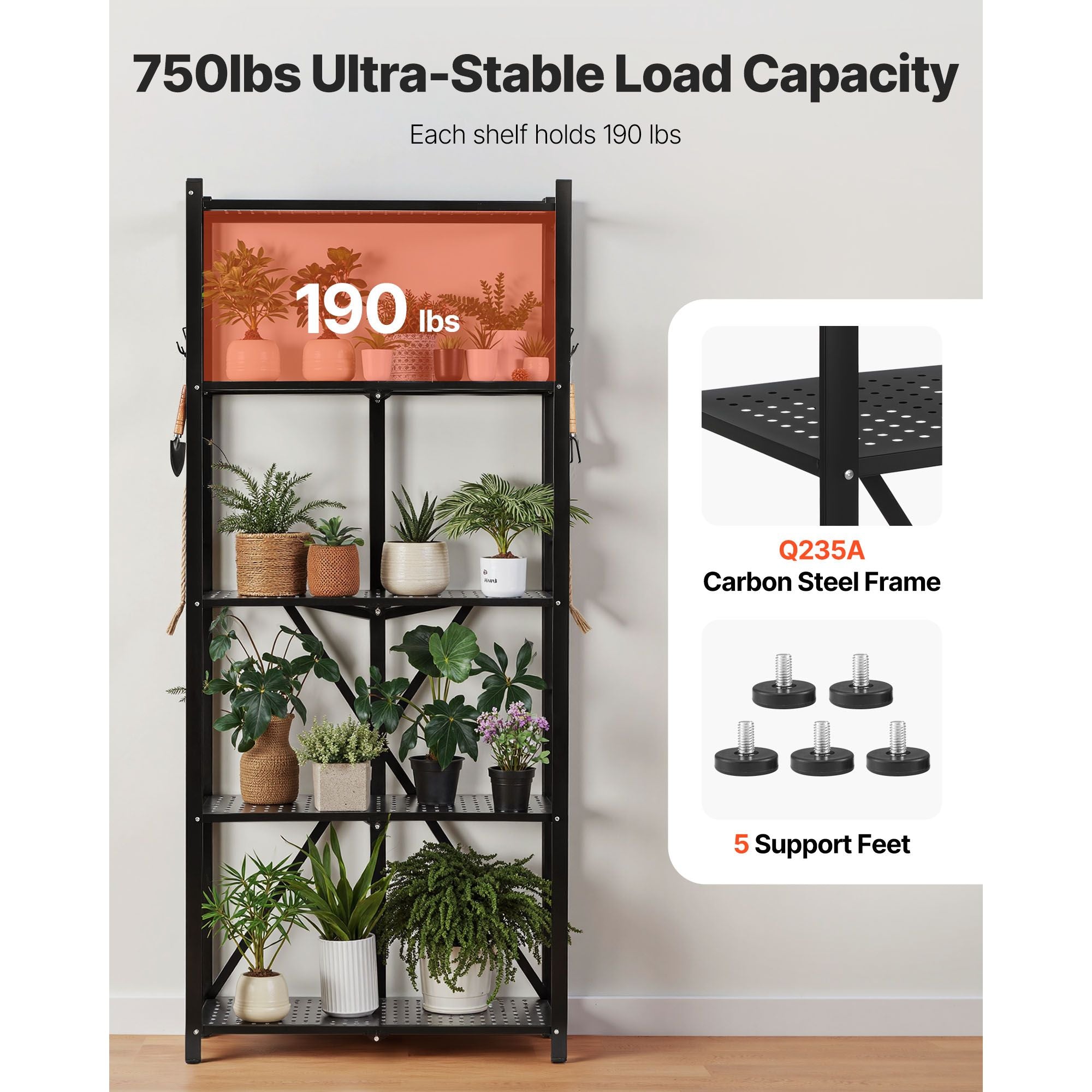 5-Tier Foldable Storage Shelf, 28W x 13D x 66H Folding Metal Rack Shelving Unit, No Assembly Or