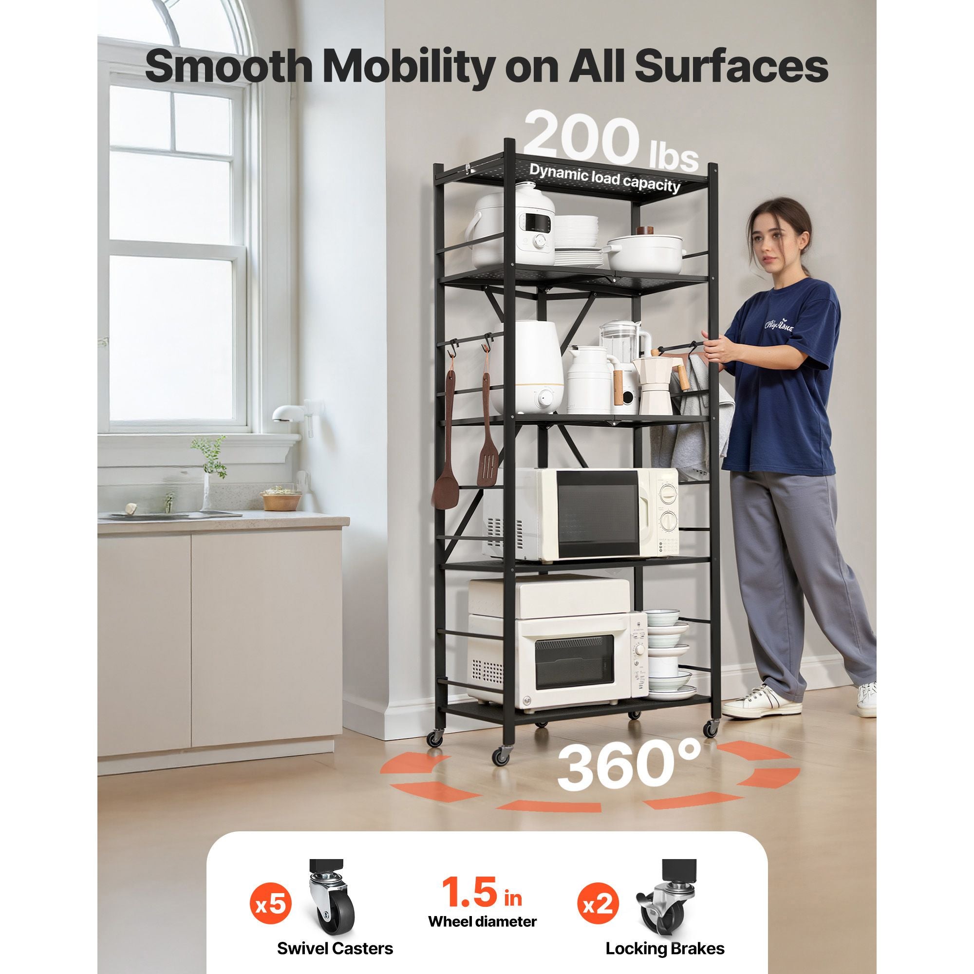 Foldable Storage Shelf with Wheels and Hooks – Easy Setup, No Tools Needed