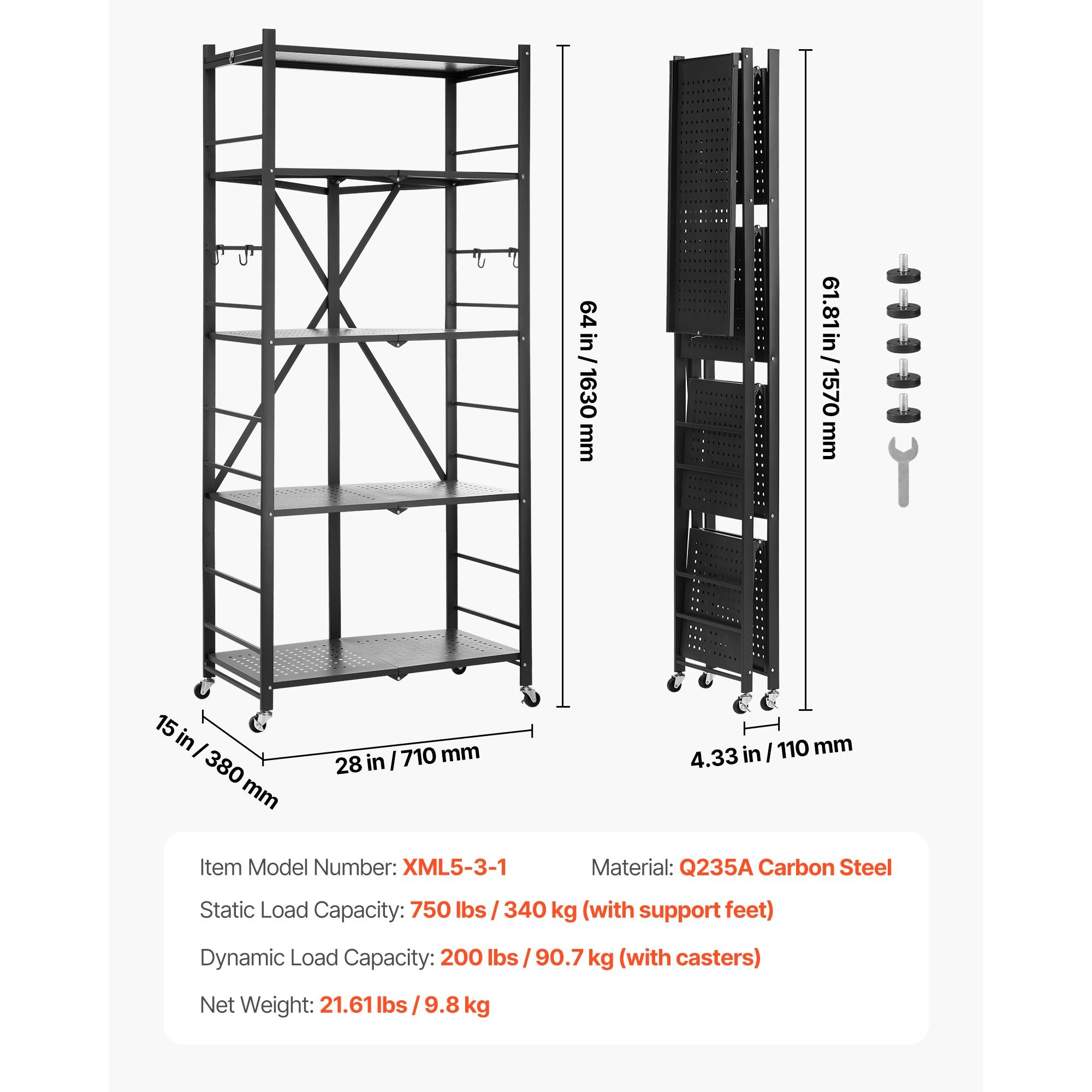 Foldable Storage Shelf with Wheels and Hooks – Easy Setup, No Tools Needed