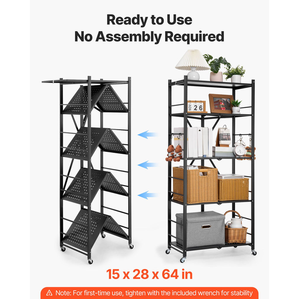 Foldable Storage Shelf with Wheels and Hooks – Easy Setup, No Tools Needed