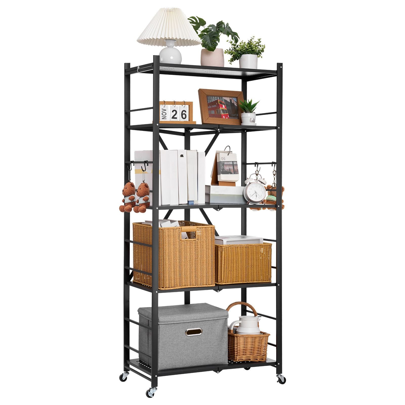 Foldable Storage Shelf with Wheels and Hooks – Easy Setup, No Tools Needed