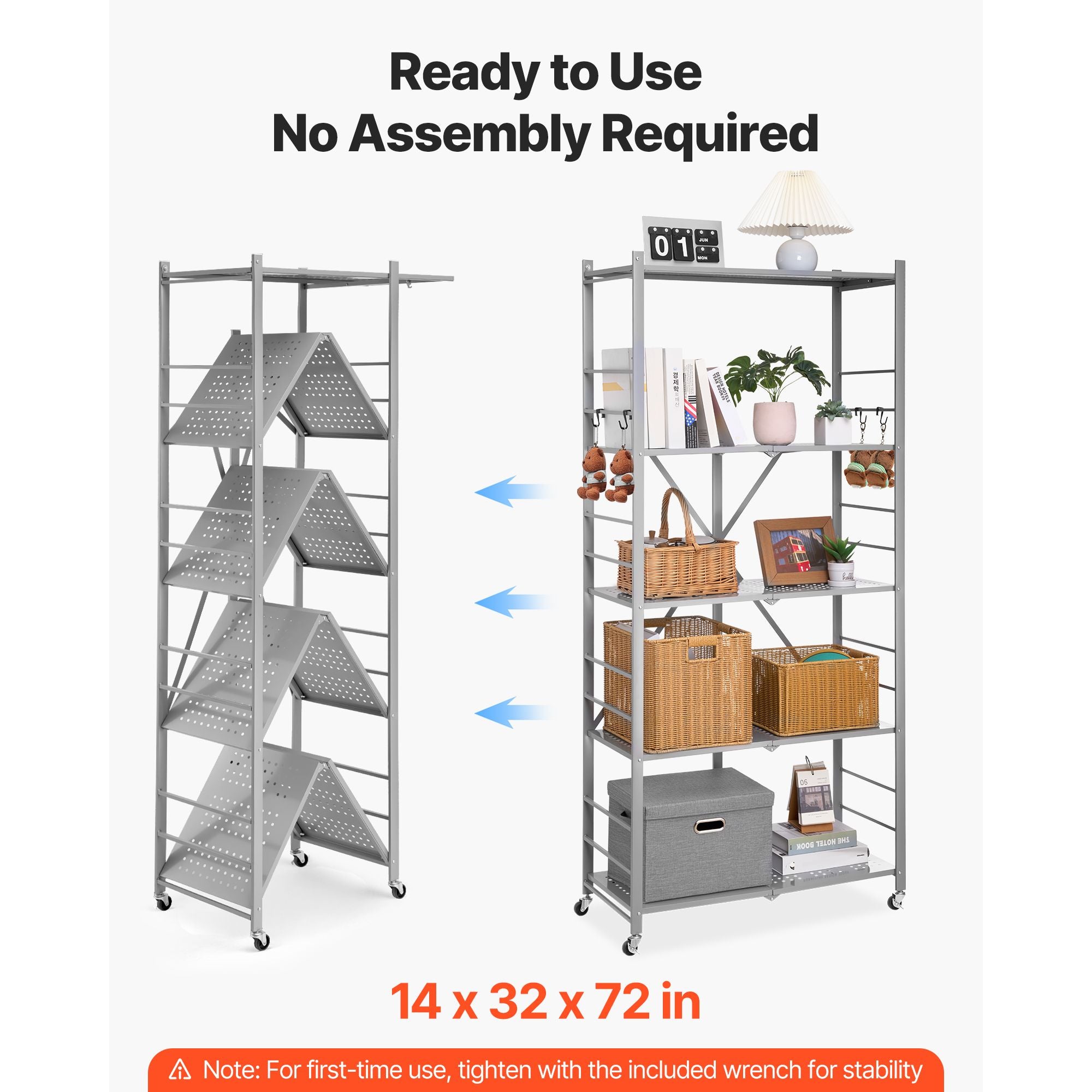 5-Tier Foldable Storage Shelf with Wheels and Hooks – No Assembly Required
