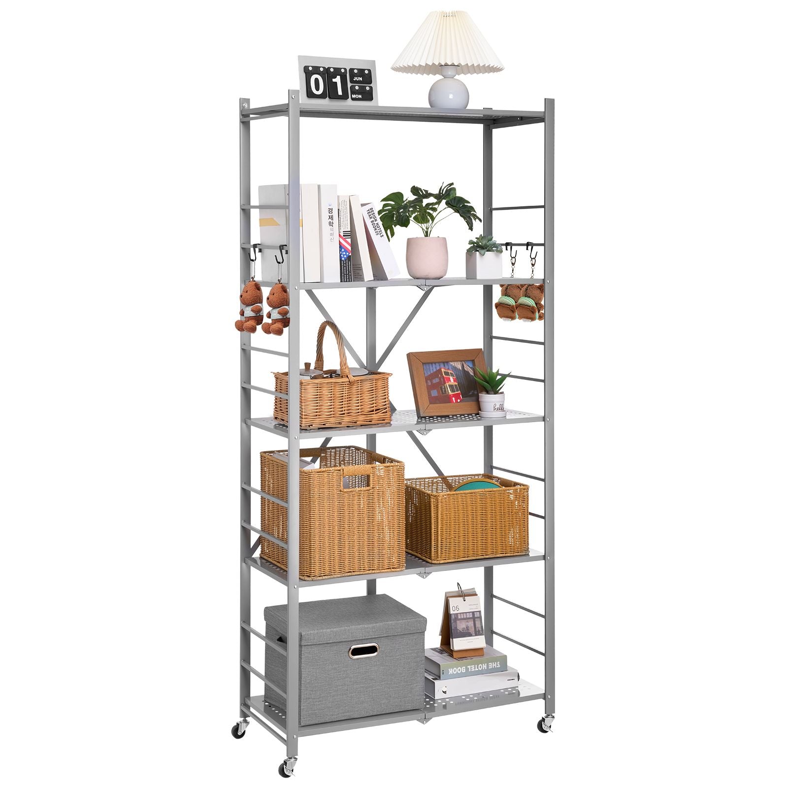 5-Tier Foldable Storage Shelf with Wheels and Hooks – No Assembly Required