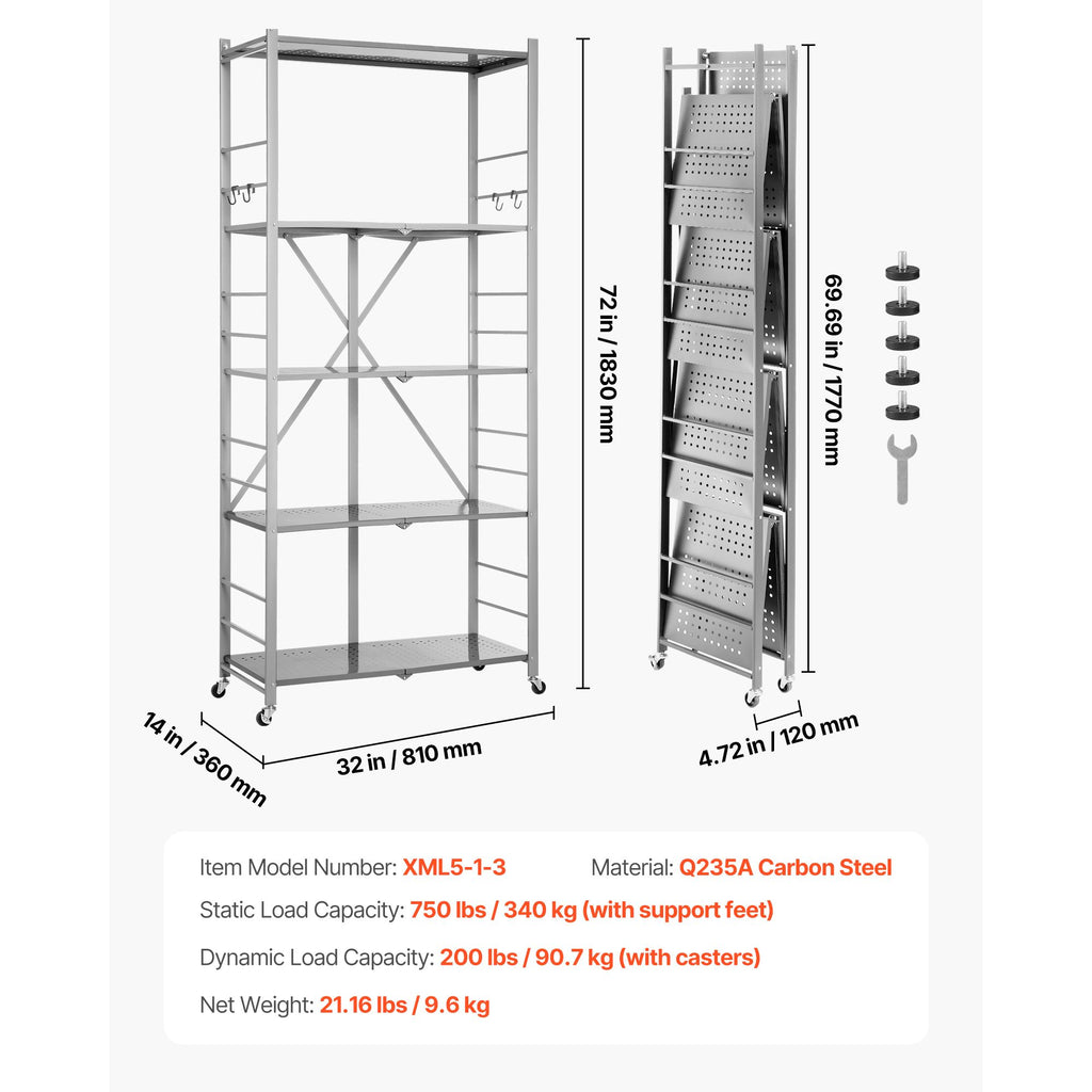 5-Tier Foldable Storage Shelf with Wheels and Hooks – No Assembly Required