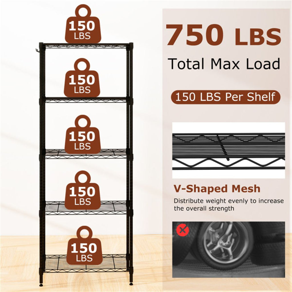 Five-Tier Wire Shelving with Adjustable Shelves and Removable Hooks