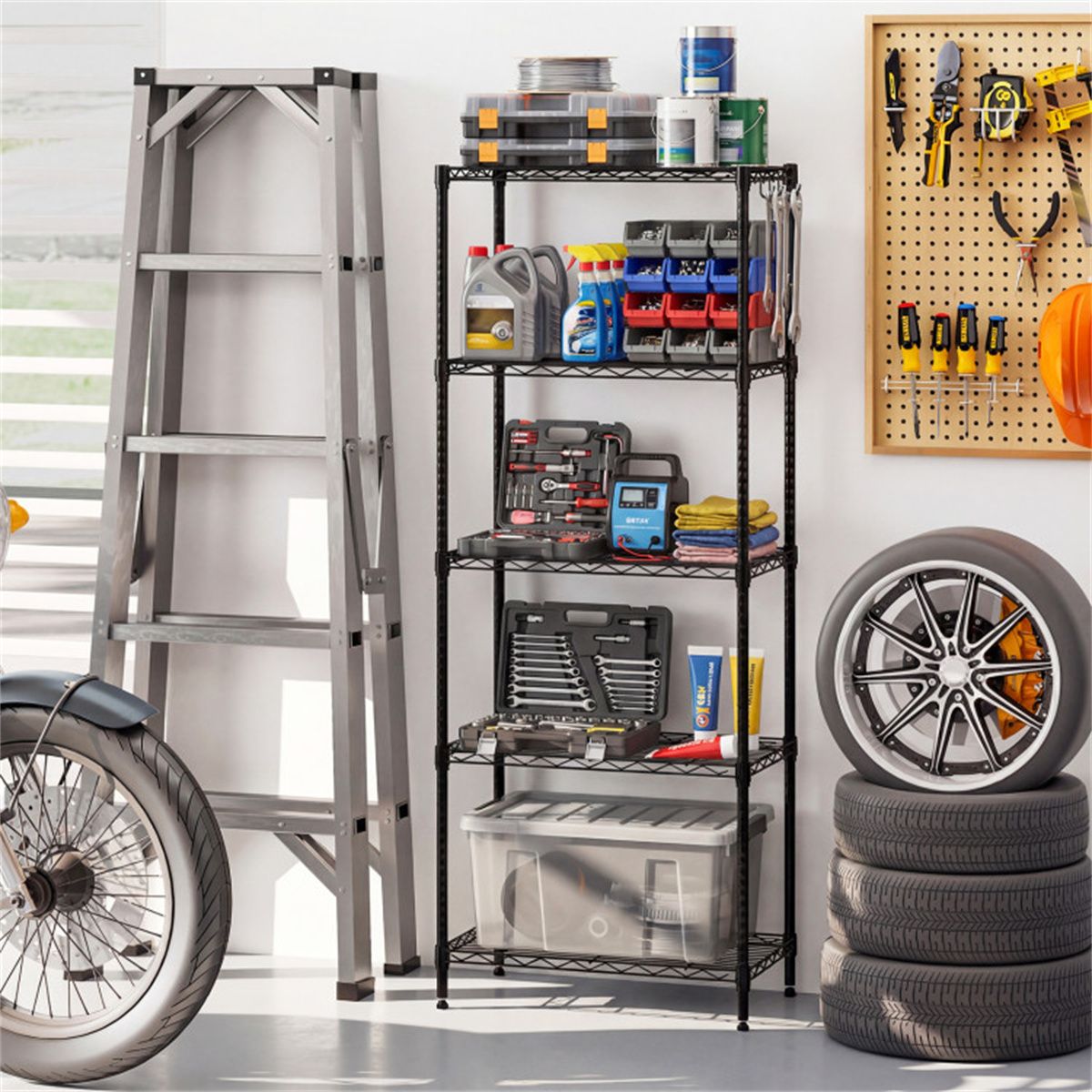 Five-Tier Wire Shelving with Adjustable Shelves and Removable Hooks