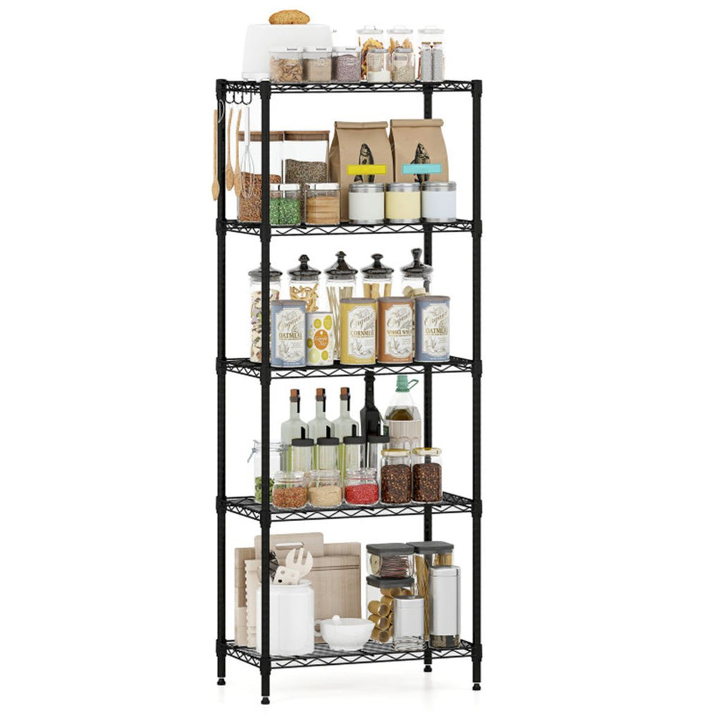Five-Tier Wire Shelving with Adjustable Shelves and Removable Hooks