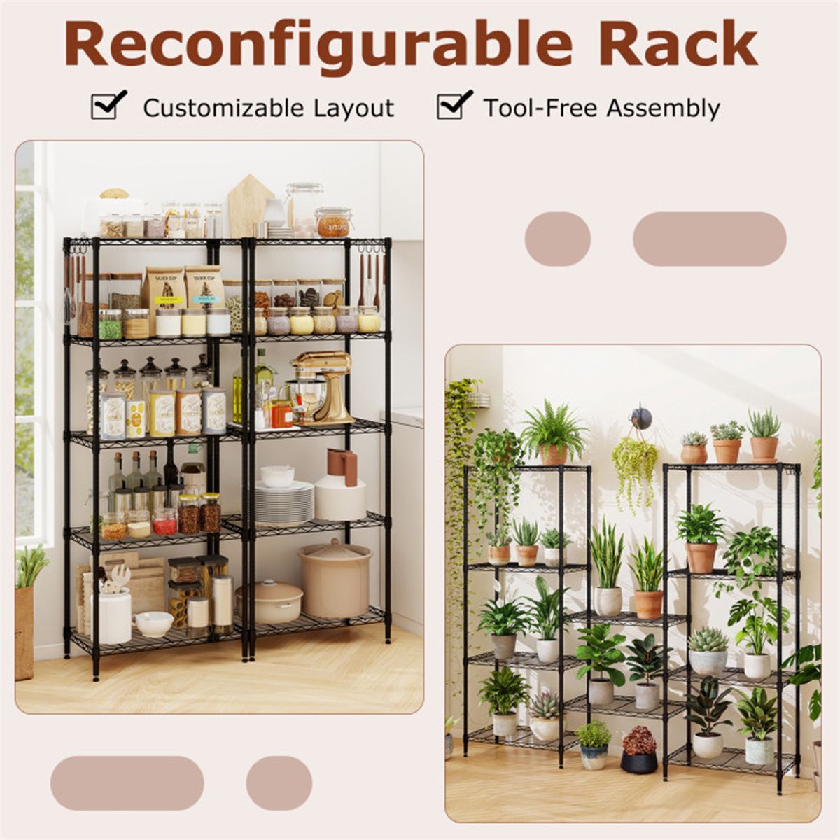 Five-Tier Wire Shelving with Adjustable Shelves and Removable Hooks