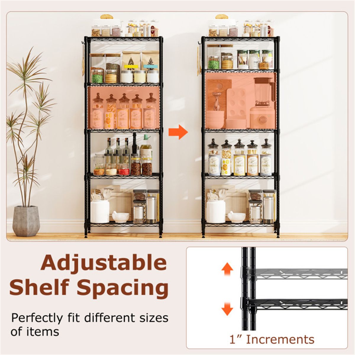 Five-Tier Wire Shelving with Adjustable Shelves and Removable Hooks