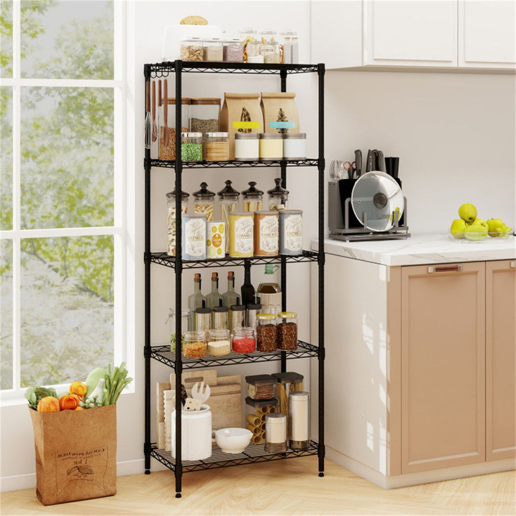 Five-Tier Wire Shelving with Adjustable Shelves and Removable Hooks
