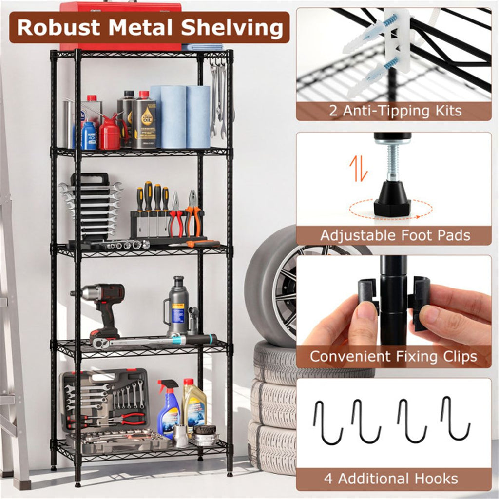 Five-Tier Wire Shelving with Adjustable Shelves and Removable Hooks
