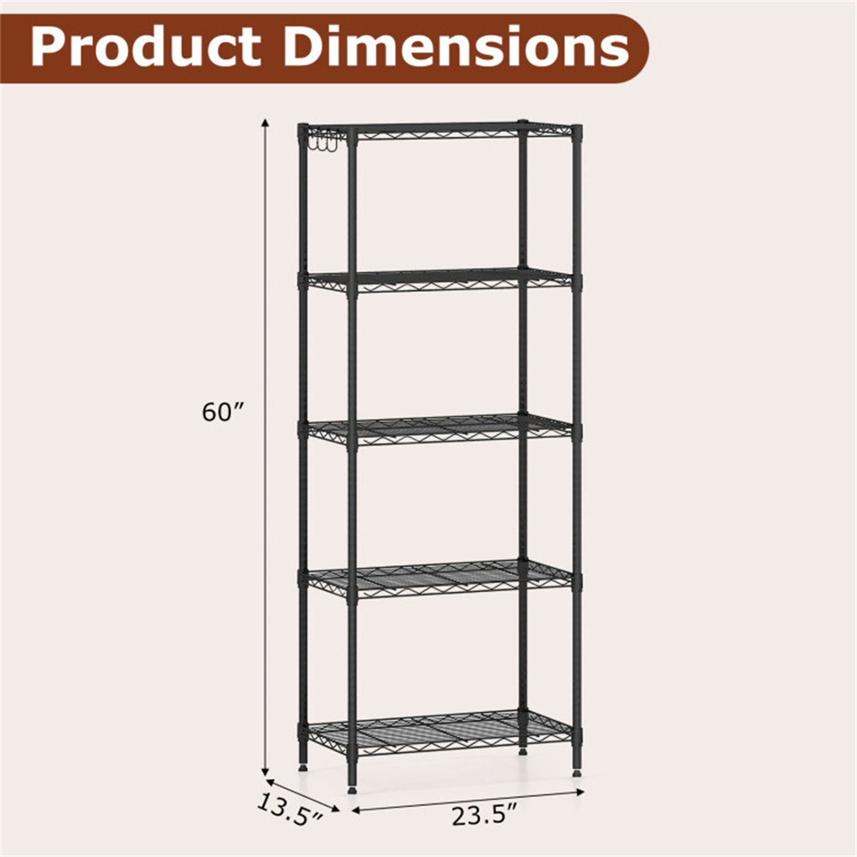 Five-Tier Wire Shelving with Adjustable Shelves and Removable Hooks