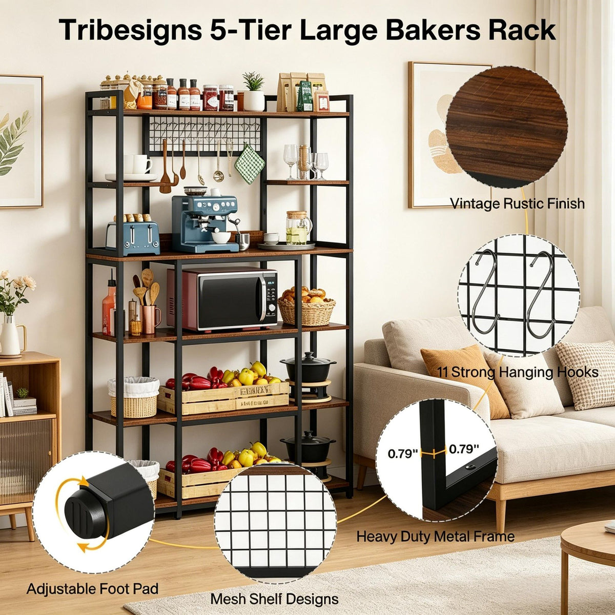 Industrial 5-Tier Baker's Rack with 11 Hooks
