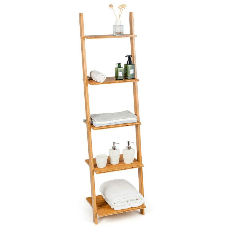 Modern Bamboo 5-Tier Wall-Leaning Display Ladder Bookshelf
