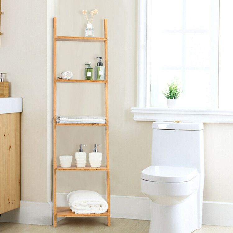Modern Bamboo 5-Tier Wall-Leaning Display Ladder Bookshelf