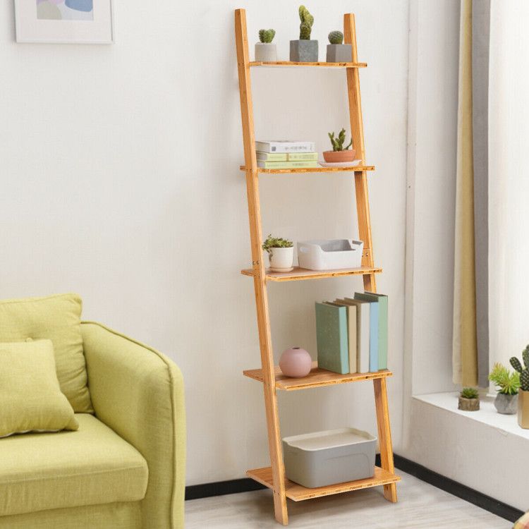 Modern Bamboo 5-Tier Wall-Leaning Display Ladder Bookshelf