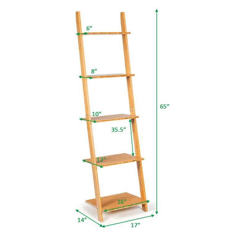 Modern Bamboo 5-Tier Wall-Leaning Display Ladder Bookshelf