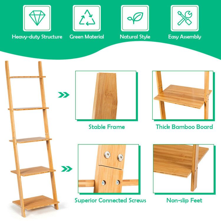 Modern Bamboo 5-Tier Wall-Leaning Display Ladder Bookshelf