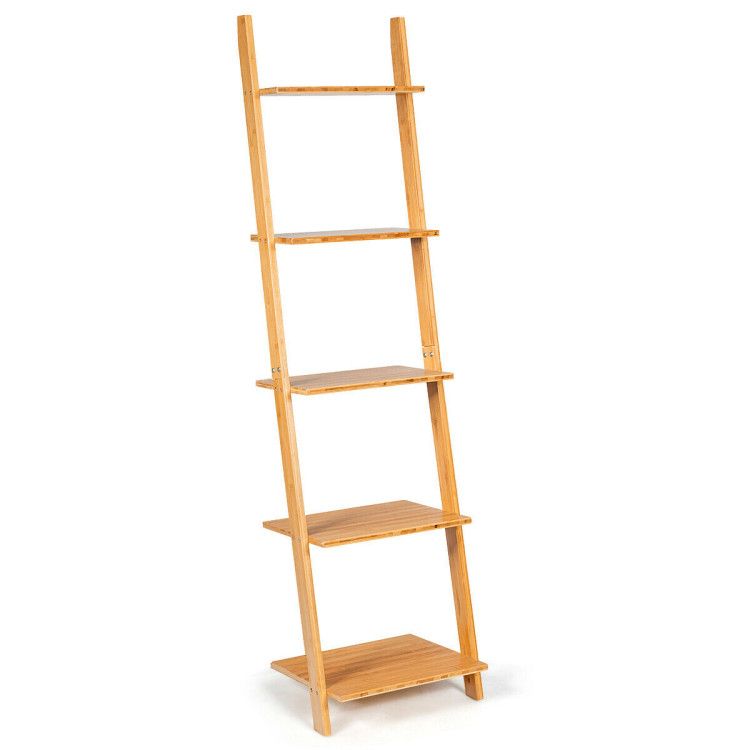 Modern Bamboo 5-Tier Wall-Leaning Display Ladder Bookshelf
