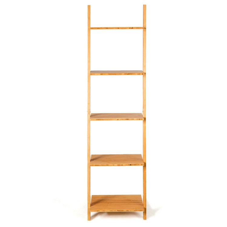 Modern Bamboo 5-Tier Wall-Leaning Display Ladder Bookshelf