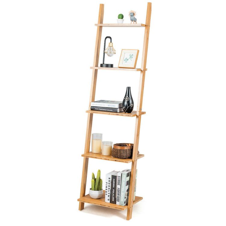Modern Bamboo 5-Tier Wall-Leaning Display Ladder Bookshelf