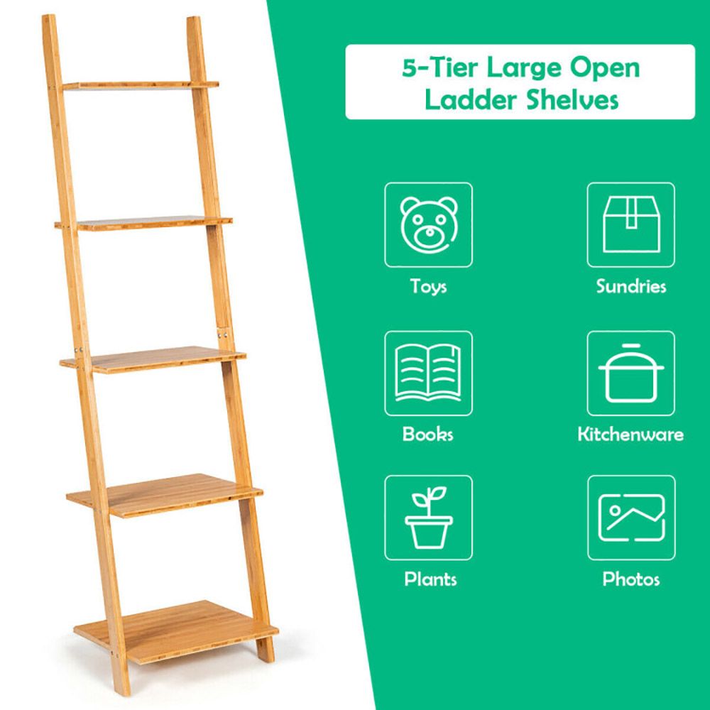 5-Tier Bamboo Wall-Leaning Display Ladder Bookshelf