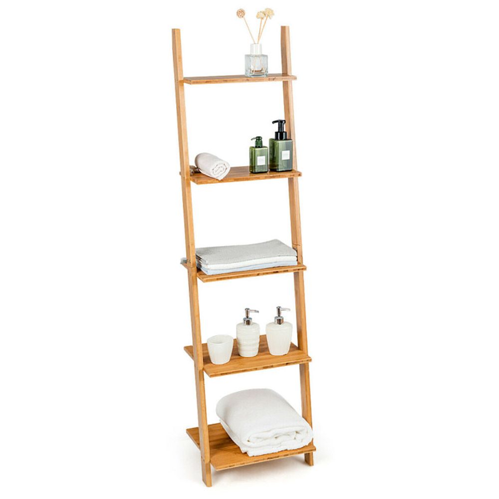 5-Tier Bamboo Wall-Leaning Display Ladder Bookshelf