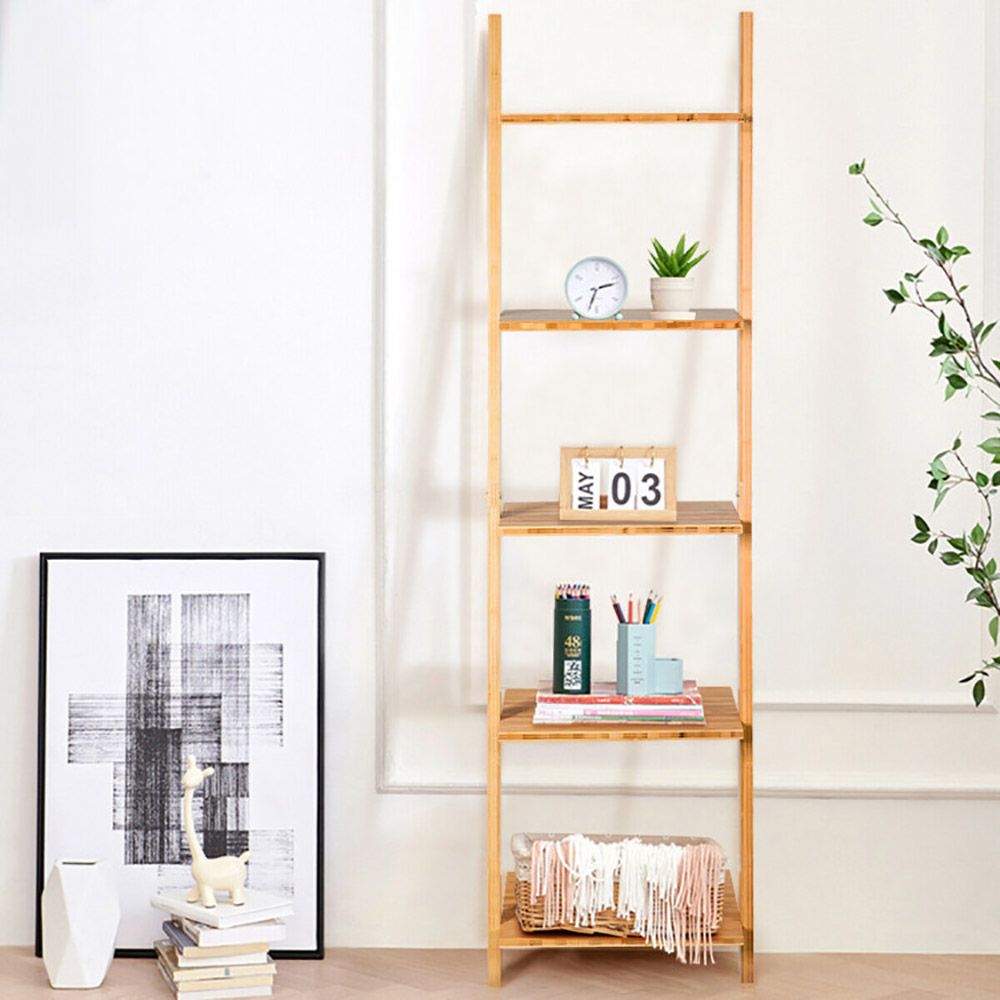 5-Tier Bamboo Wall-Leaning Display Ladder Bookshelf
