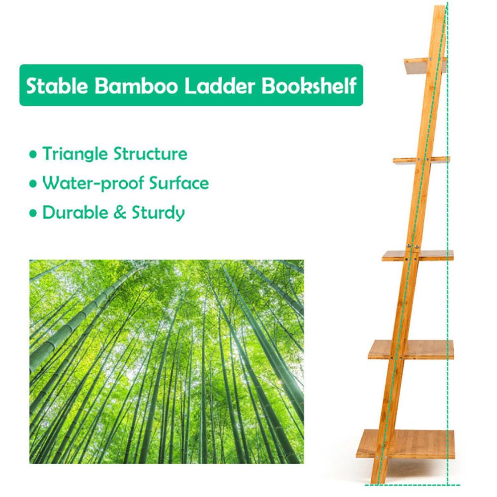 5-Tier Bamboo Wall-Leaning Display Ladder Bookshelf