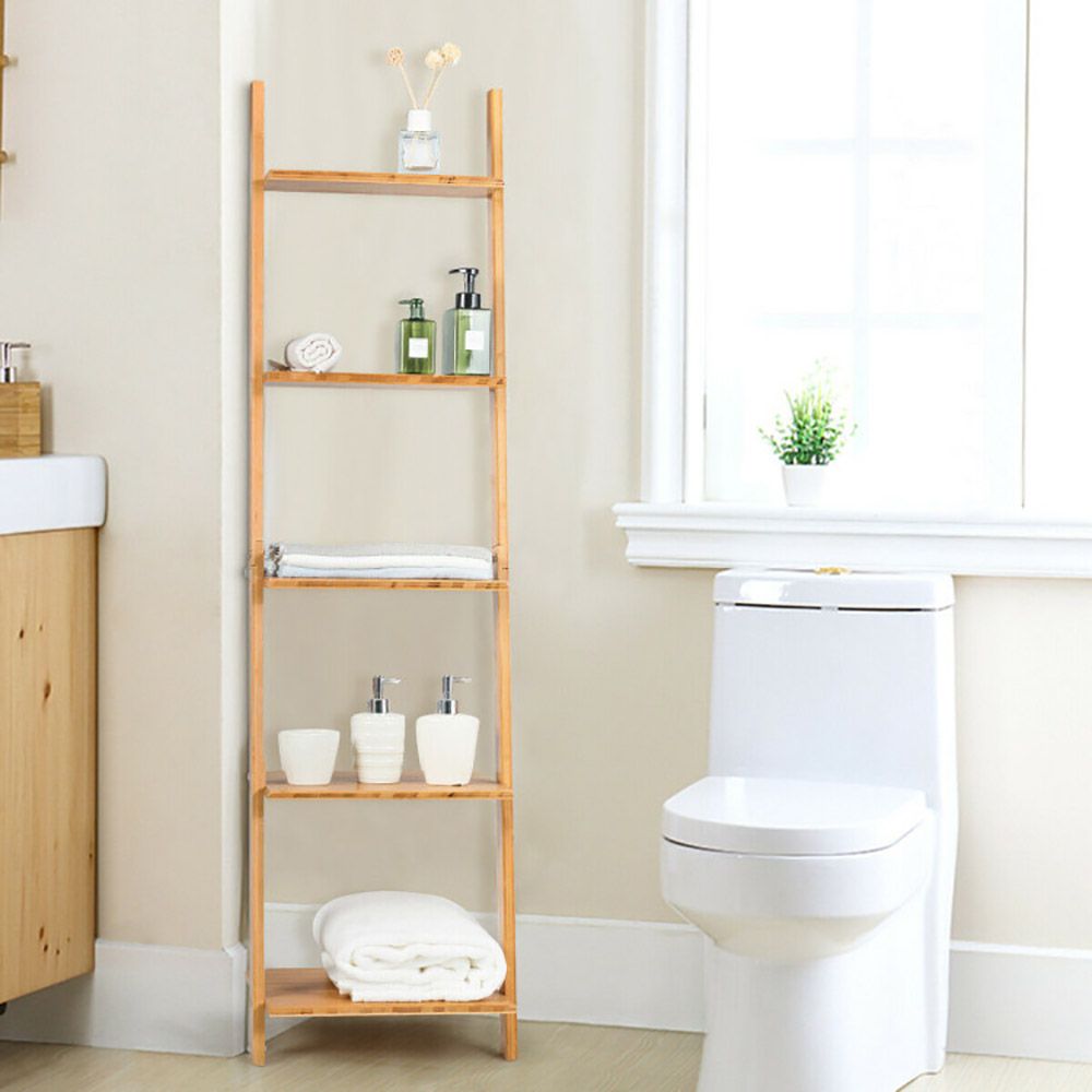 5-Tier Bamboo Wall-Leaning Display Ladder Bookshelf