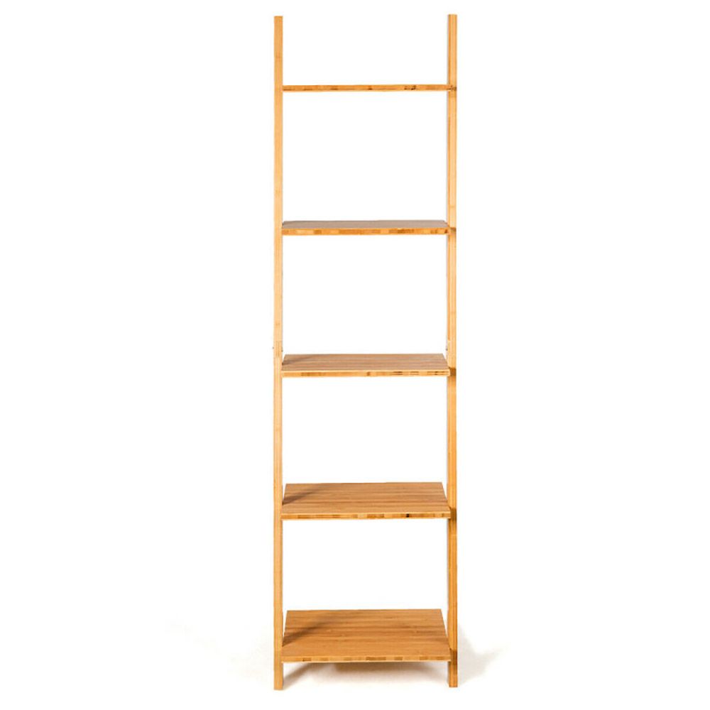 5-Tier Bamboo Wall-Leaning Display Ladder Bookshelf