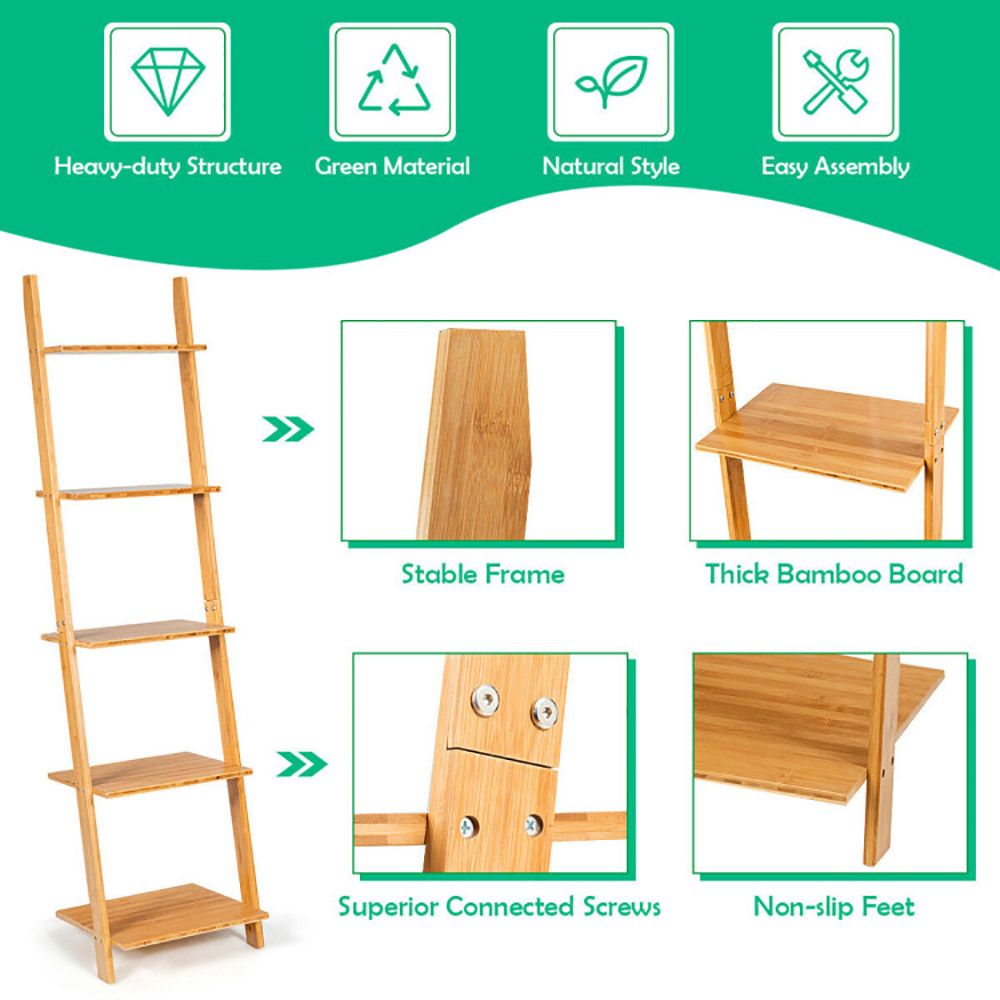 5-Tier Bamboo Wall-Leaning Display Ladder Bookshelf
