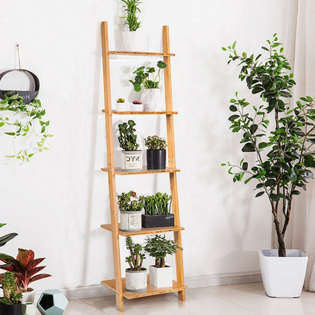 5-Tier Bamboo Wall-Leaning Display Ladder Bookshelf