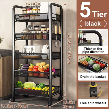 Rolling Utility Cart with Removable Baskets and Side Hooks