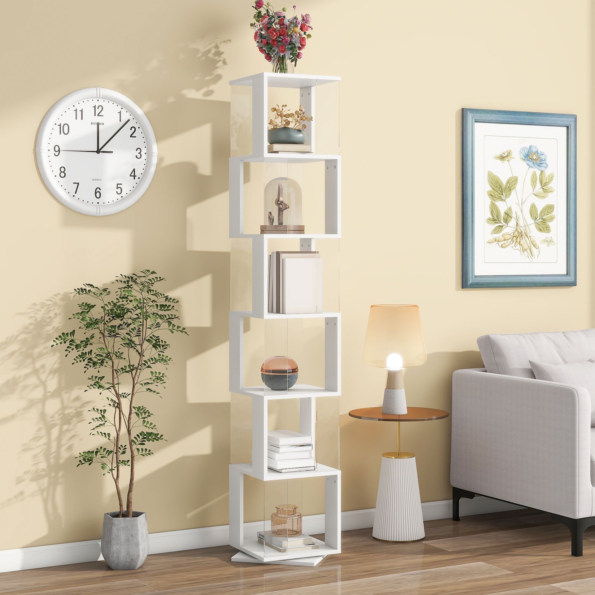 5-Tier Rotating Bookshelf with Clear Shelves – Space-Saving Storage for Living Room